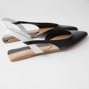 NWT Zara Black and White Colorblock Slingback Pointy Toe Flat
